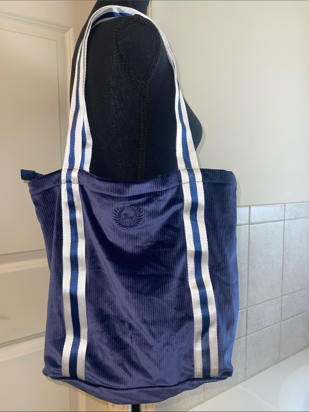 Victoria’s Secret Pink Navy Soft Velour Tote Bag with Striped Webbed Handles